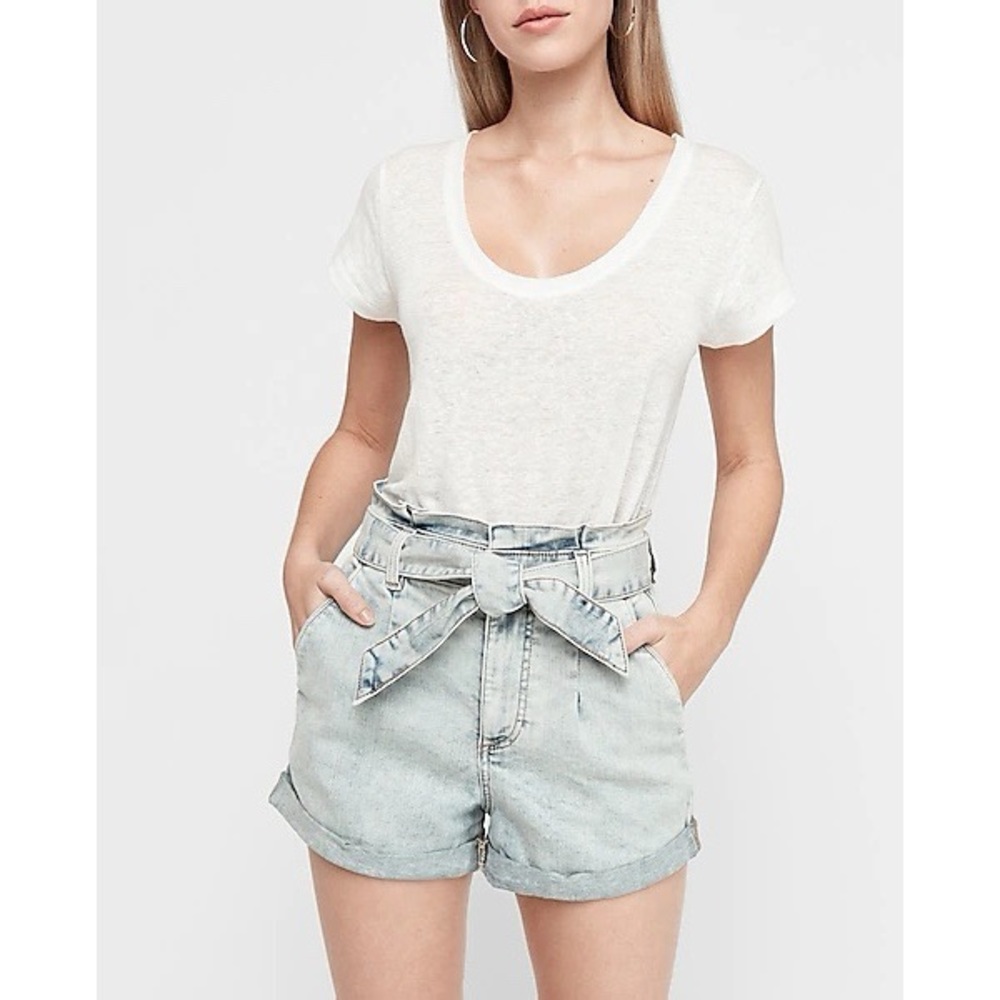 Express Light Wash Denim Paperbag Jean Shorts with Tie Belt